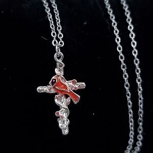 Small Red Cardinal Bird Silver Cross Necklace Memory Pendant Spiritual Jewelry